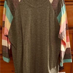 Gray Raglan Top with Multicolor Sleeves